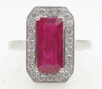 18ct white gold emerald cut natural ruby and brilliant cut diamond cluster ring ruby approx 2.