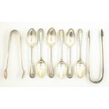 Set of six hallmarked silver beaded Old English pattern tea spoons similar pair of tongs,