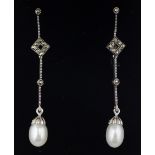 Pair of pearl and marcasite silver pendant ear-rings stamped 925 Condition Report