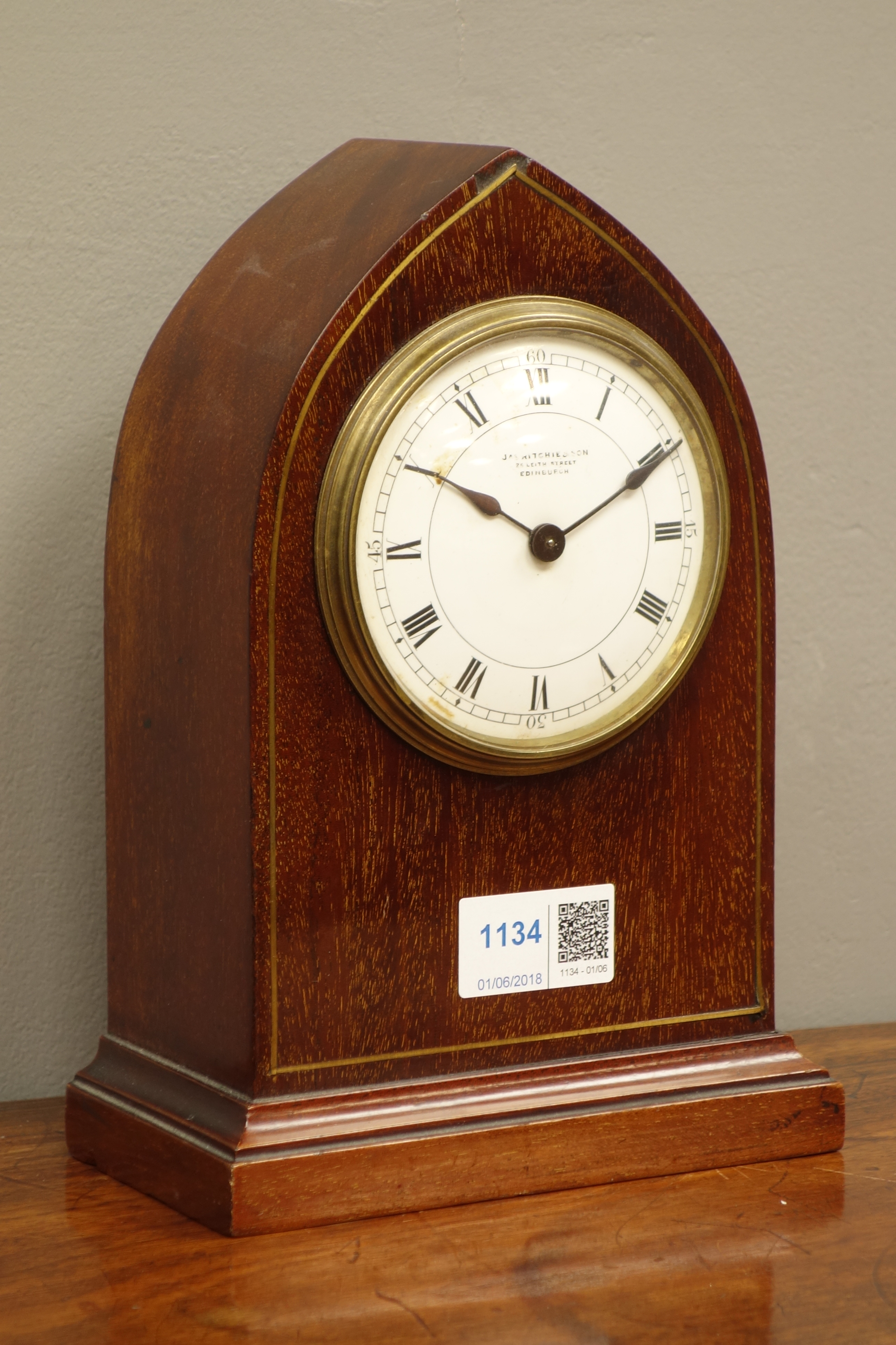 Edwardian inlaid mahogany mantle clock in lancet case, dial inscribed Jas.