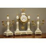 Late 19th century French gilt metal mounted alabaster clock garniture,