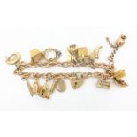 9ct rose gold charm bracelet each link hallmarked with thirteen charms approx 41.