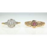 Edwardian ruby and seed pearl ring Birmingham 1908 and an early 20th century diamond cluster ring