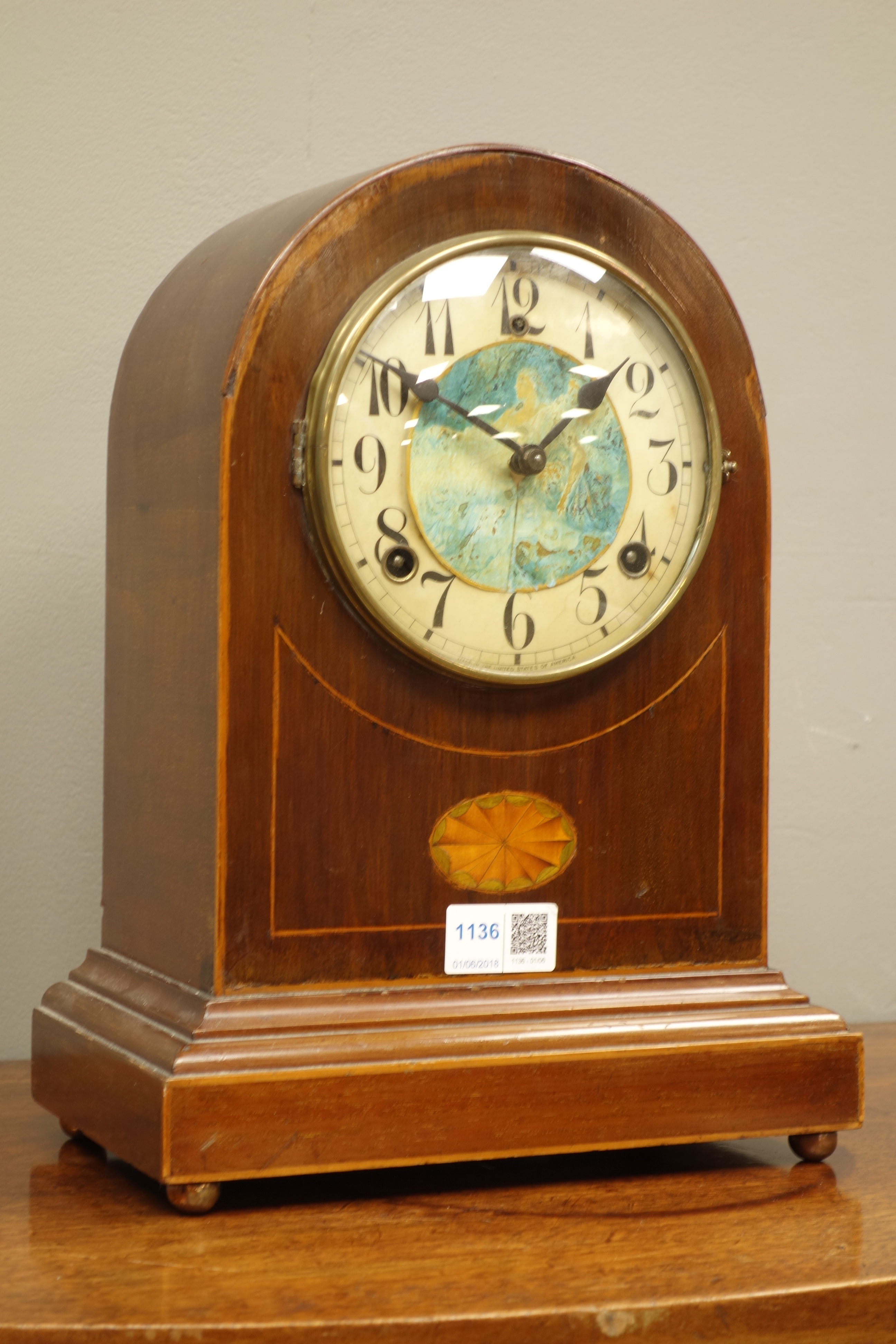 Edwardian inlaid mahogany dome top mantle clock,