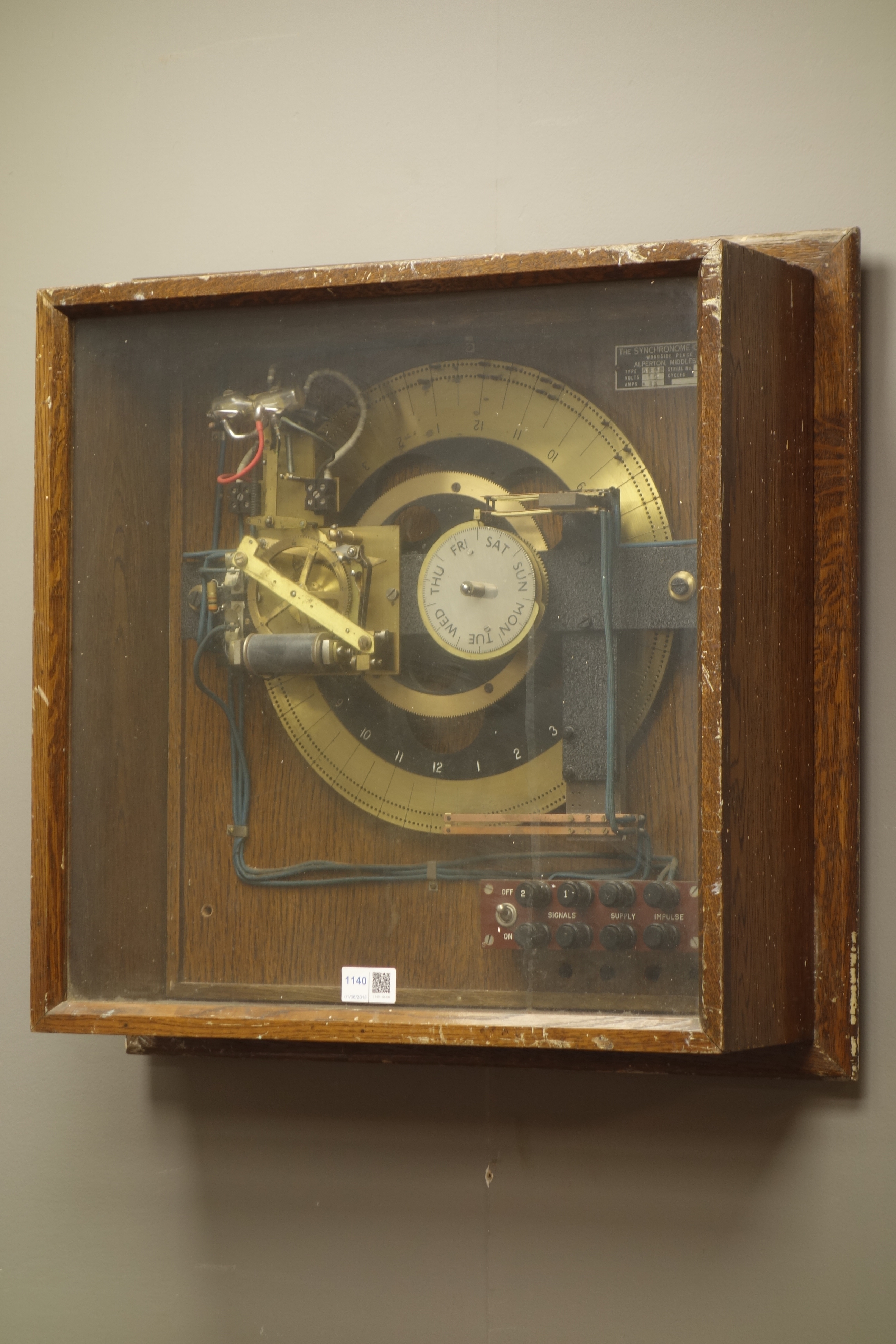 Synchronome Type DRPG factory time clock with silvered Day & brass Time dials, No.