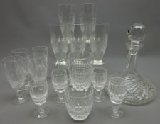 Waterford crystal ships decanter, five 'Colleen' pattern iced tea drinking glasses, four champagne,