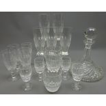 Waterford crystal ships decanter, five 'Colleen' pattern iced tea drinking glasses, four champagne,