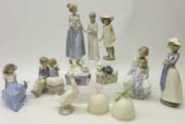 Two Lladro bells, Nao figurine 'Listening to the Birds' No. 1042, Nao 'My Pup' No.