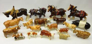 Four porcelain shire horses, 'Country Life' cow model by Leonardo,