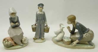 Three Lladro figures 'Food For Ducks' No. 4849, Lladro 'Duck Seller' No.