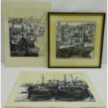 Scarborough Harbour, three 20th century watercolours and pen by Pat Bell two signed max 21cm x 29.