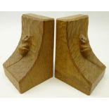 'Mouseman' pair adzed oak bookends by Robert Thompson of Kilburn,