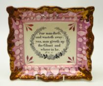 19th century Sunderland luster plaque 'For man dieth, and wasteth away: yea,