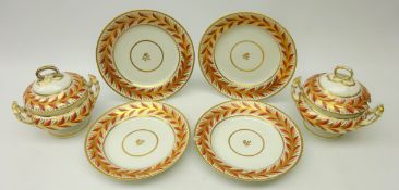 Early 19th century Derby porcelain set of four desert plates painted with gilt and iron red