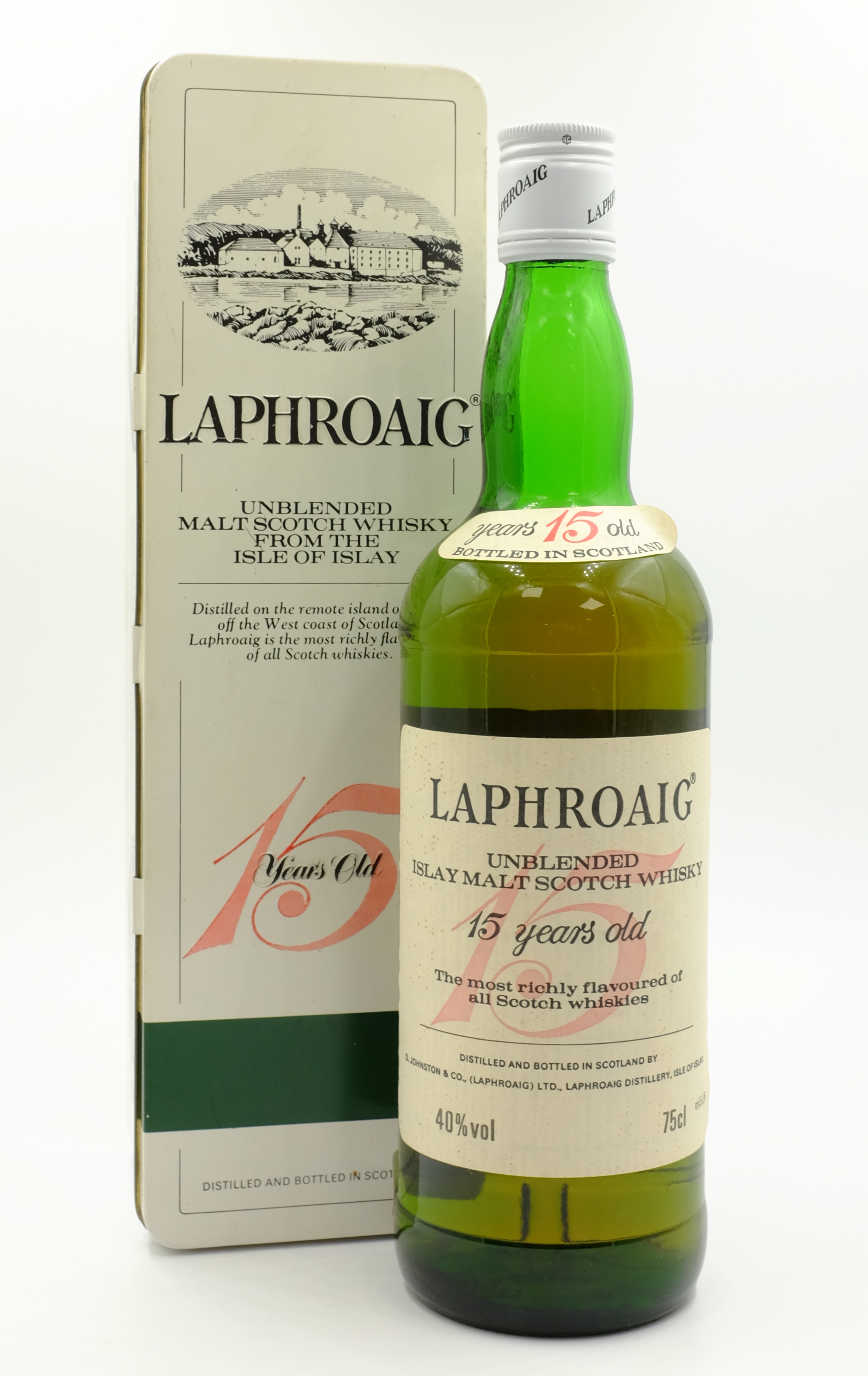 Laphroaig Unblended Islay Malt Scotch Whisky, 15 years old, distilled & bottled by S.