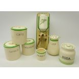 Dutch porcelain coffee grinder, Solian Ware 'Queens Green' storage jars; 'Tapioca', 'Coffee',