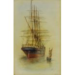 Sailing Vessel and Boat in Calm Waters, 19th century watercolour signed with initials J.T.