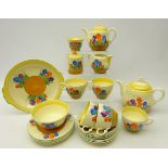 Clarice Cliff 'Crocus' pattern matched tea service for five persons, plus extras, comprising teapot,