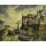 Fishing Boats in Staithes Harbour, 20th century oil on canvas board unsigned 39.5cm x 49.