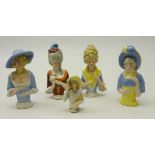 Five early 20th century porcelain pin cushion dolls,