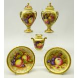 Pair of Aynsley twin handled vases and covers, each decorated with still lives of fruit, H16.