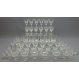 Suite of cut crystal drinking glasses, for six persons comprising wines, tumblers, goblets, liquor,
