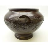 Japanese Meiji period patinated bronze jardiniere, relief decorated with an exotic bird,