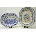 Early 19th century Wedgwood meat plate transfer printed in the 'Blue Palisade' or 'Chinese Garden'