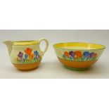 Clarice Cliff Honeyglaze 'Crocus' pattern fruit bowl, D20.5cm and jug, H12.