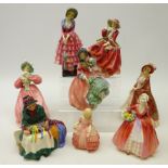 Royal Doulton figurines; 'The Paisley Shawl', 'Top o' The Hill', 'Priscilla', 'Silks and Ribbons',