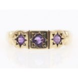 9ct gold three stone amethyst ring hallmarked Condition Report Approx 1.