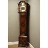 Early 20th century oak longcase clock in moulded panel case with arched dial,