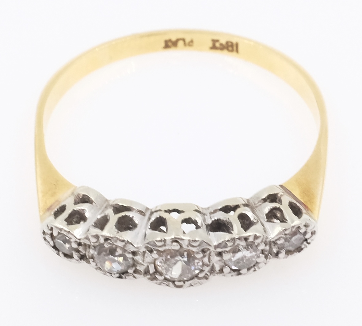 Gold five stone diamond ring stamped 18ct PLAT Condition Report Ring size = P-Q, - Image 2 of 2