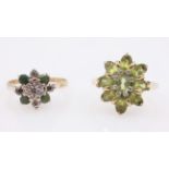 Peridot and diamond flower cluster gold ring hallmarked 9ct and an emerald and diamond flower