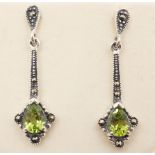 Pair of peridot and marcasite silver drop ear-rings stamped 925 Condition Report