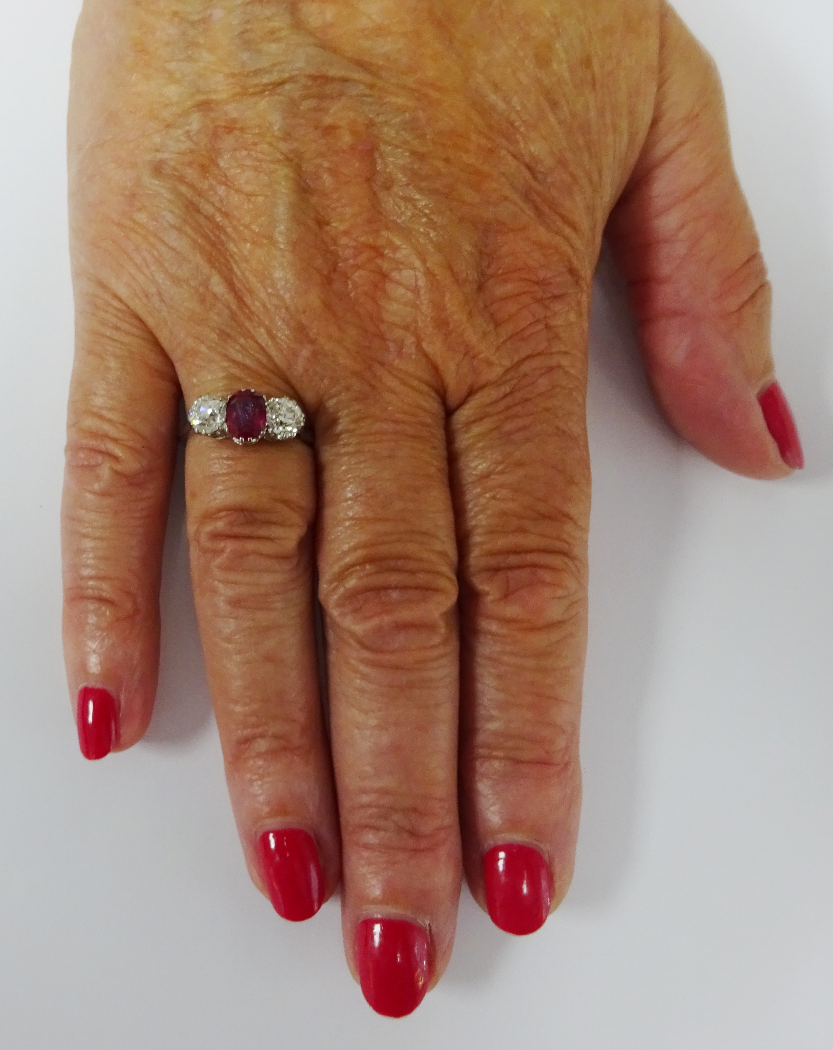 Three stone oval ruby and round old cut diamond ring, platinum set - each diamond approx 0. - Image 5 of 6