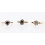Two gold sapphire and diamond cluster rings hallmarked 9ct and gold diamond shield set ring stamped