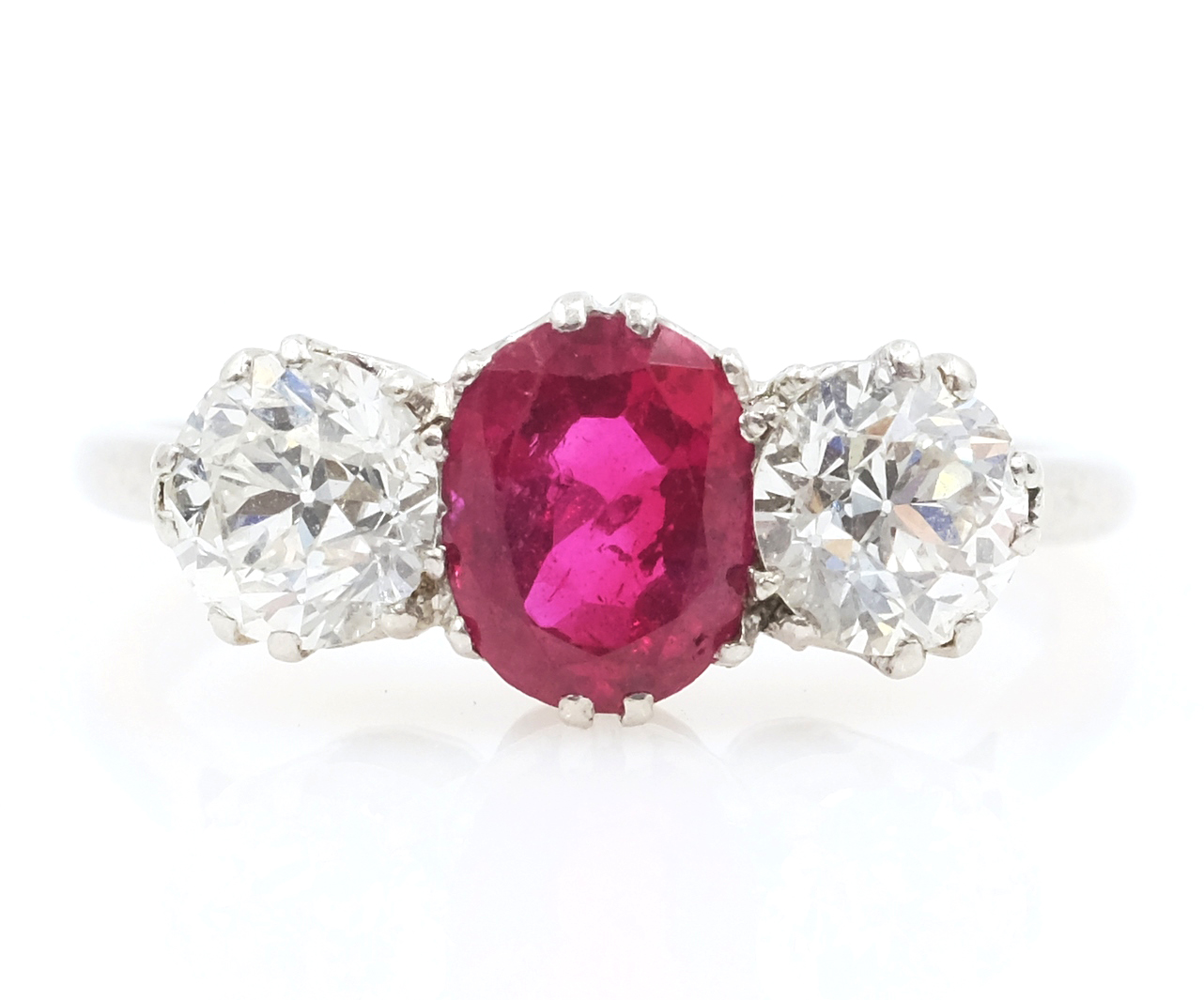 Three stone oval ruby and round old cut diamond ring, platinum set - each diamond approx 0.