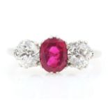 Three stone oval ruby and round old cut diamond ring, platinum set - each diamond approx 0.