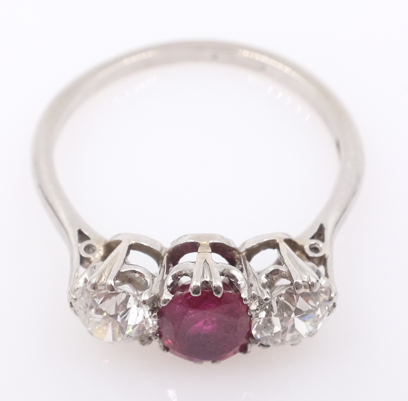 Three stone oval ruby and round old cut diamond ring, platinum set - each diamond approx 0. - Image 2 of 6