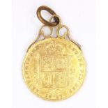 1887 shield back gold half sovereign on pendant mount approx 4.