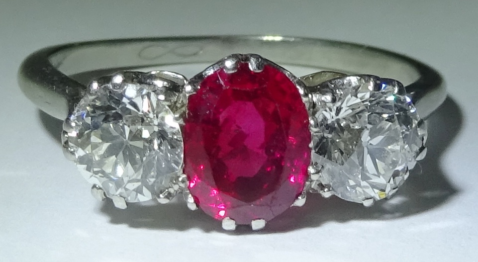 Three stone oval ruby and round old cut diamond ring, platinum set - each diamond approx 0. - Image 6 of 6