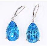 Pair of 18ct white gold pear shape topaz and diamond pendant ear-rings stamped 750
