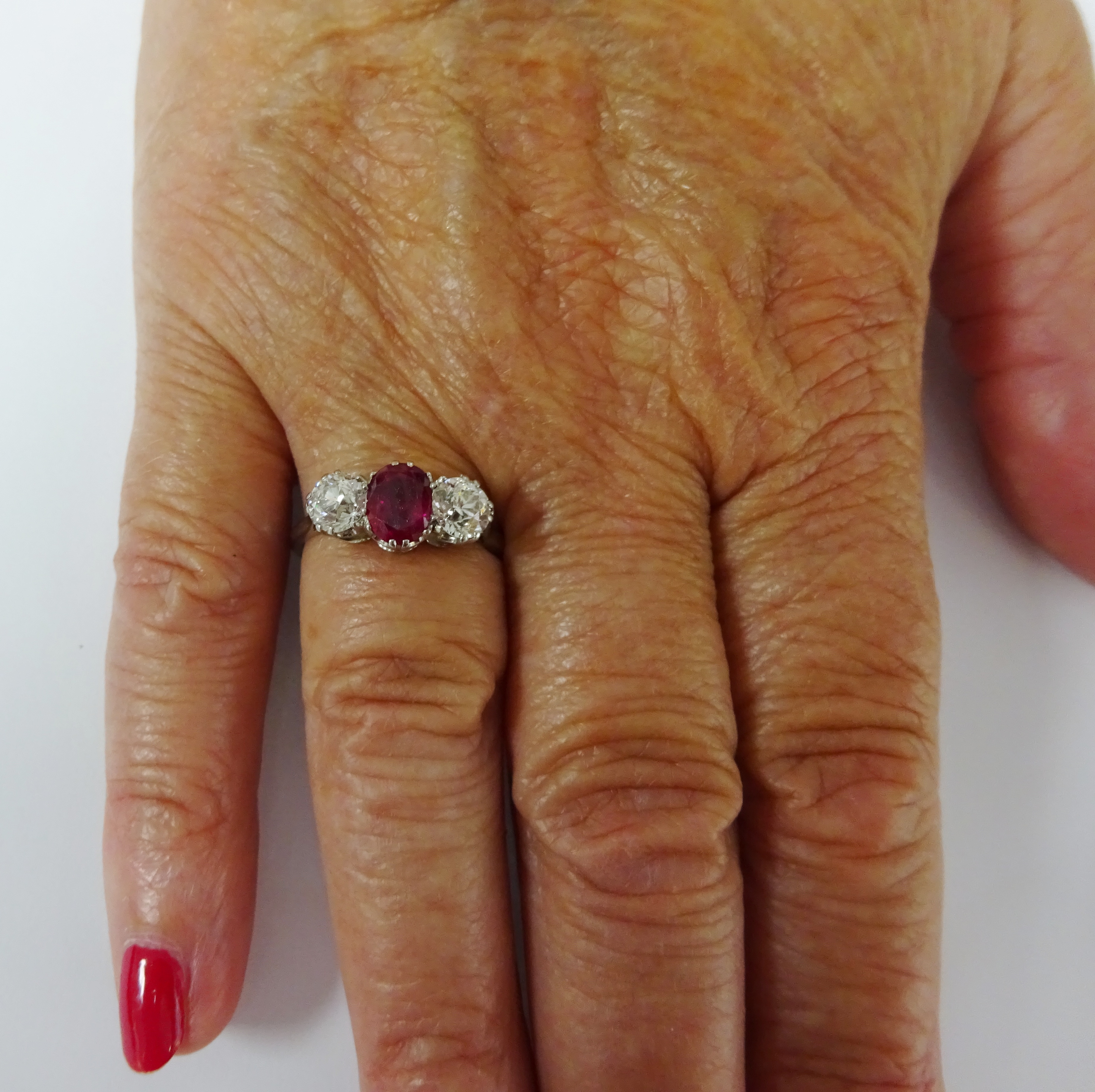 Three stone oval ruby and round old cut diamond ring, platinum set - each diamond approx 0. - Image 3 of 6