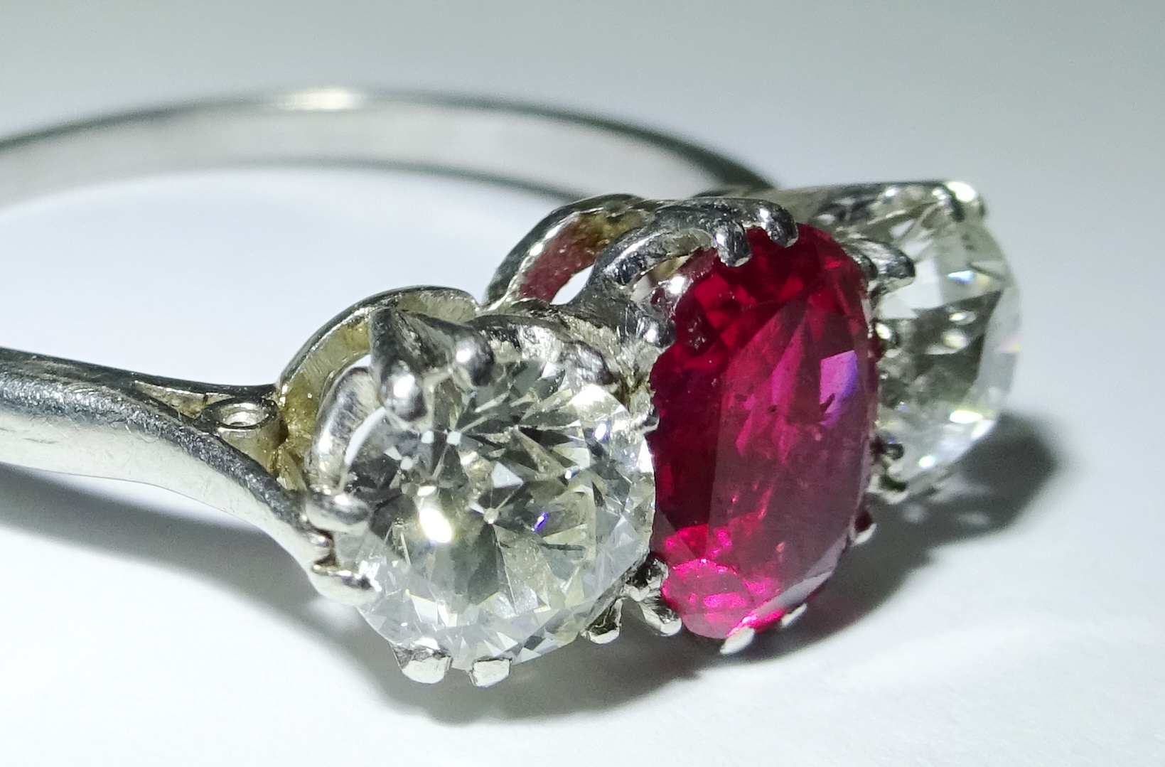 Three stone oval ruby and round old cut diamond ring, platinum set - each diamond approx 0. - Image 4 of 6