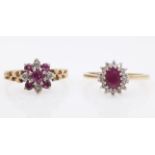 Two ruby and diamond gold rings hallmarked 9ct Condition Report flower cluster 3gm