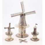 Dutch silver model of a windmill 1961 and a pair of similar silver models approx 8oz