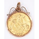 1909 gold half sovereign in gold loose mount stamped 9ct approx 5.