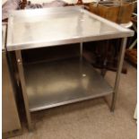 Commercial stainless steel two tier preparation table with raised edging and back, 100cm x 110cm,