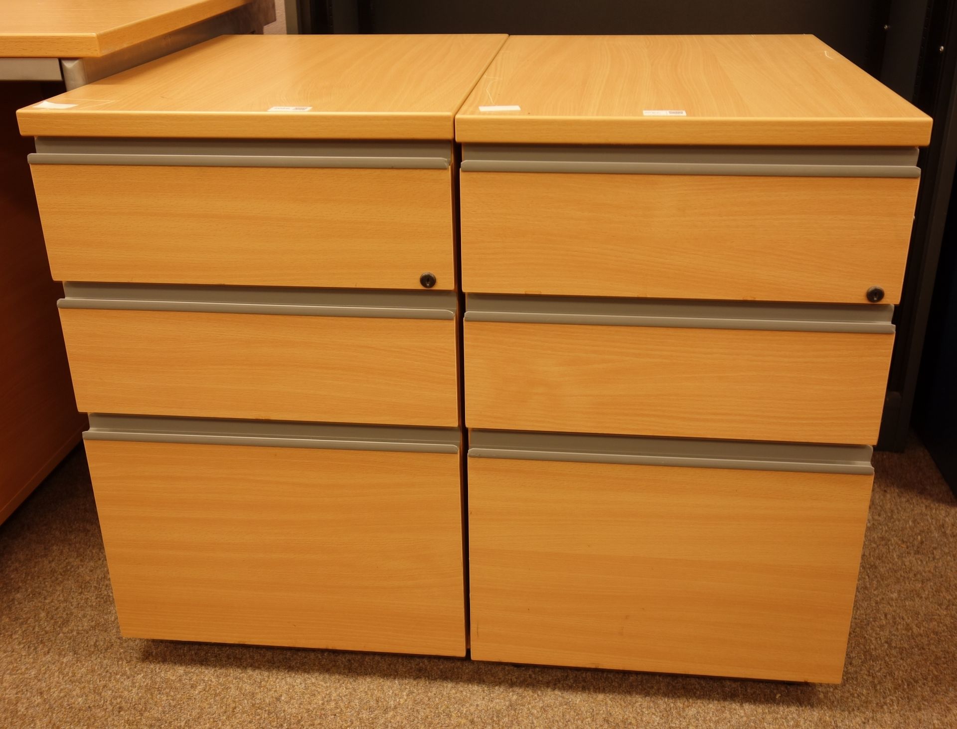 Light beech finish three drawer office pedestal filing cabinets, W42cm, H66cm,
